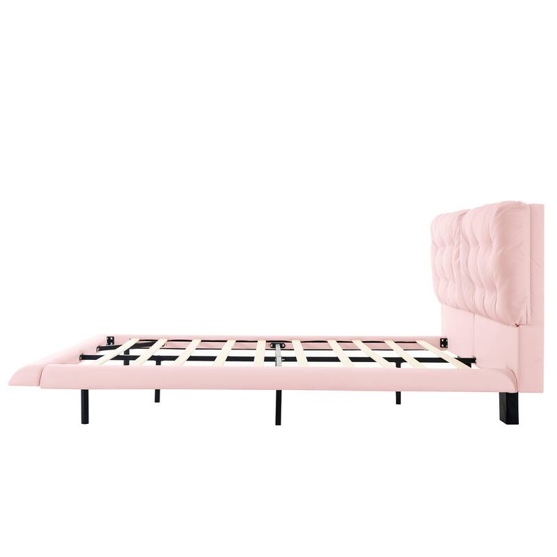 Christopher Knight Home- Lorcan PU Leather Floating Bed Frame with LED Lights and Button-Tufted Headboard