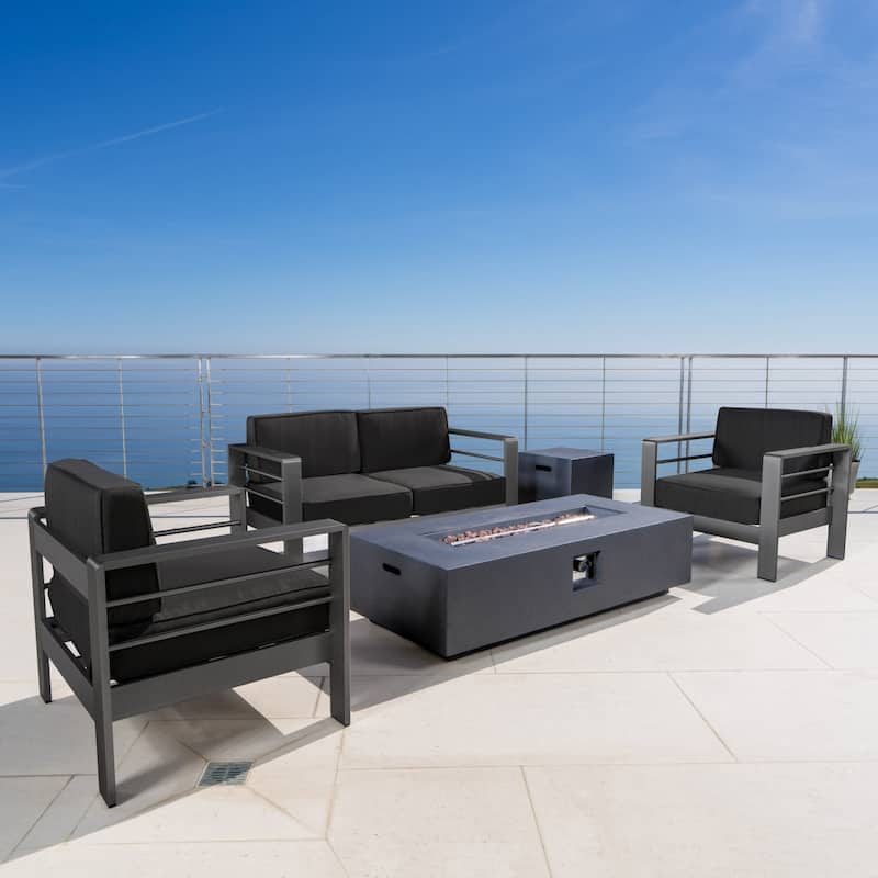 Cape Coral Grey 5-piece Fire Table Patio Chat Set by Christopher Knight Home - Grey + Dark Grey