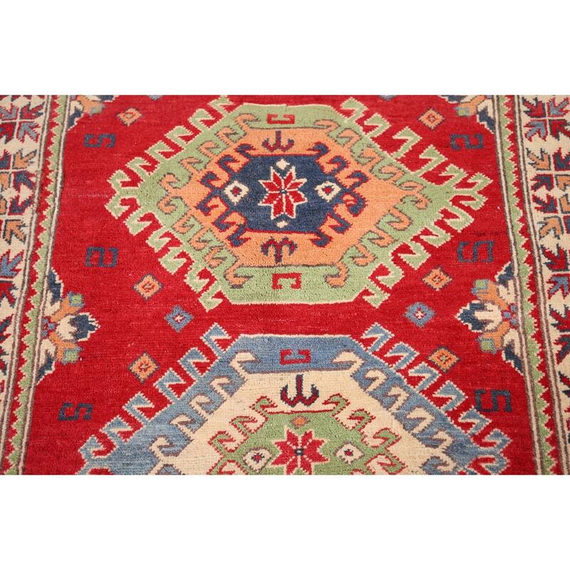 Geometric Kazak Accent Rug Hand-Knotted Red Wool Carpet - 3'4" x 4'7"