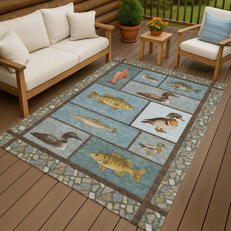 Machine Washable Indoor/ Outdoor Cabin Lodge Chantille Rug - Teal - 9' x 12'