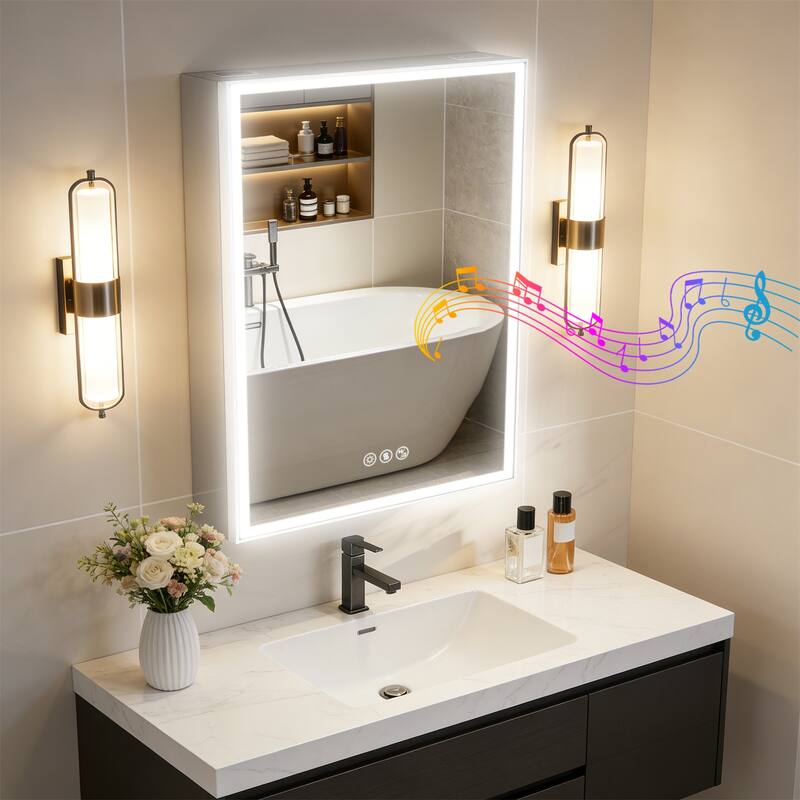 Wall Mounted Medicine Cabinet Bathroom Cabinet Jewelry Organizer with Bluetooth Dual Speakers Adjustable Glass Shelves