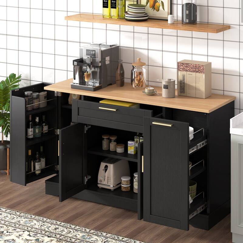 Modern Sideboard Kitchen Island with Drawer & Pull-Out Rack, Buffet Cabinet Storage Cabinet for Dining Room & Entryway - Black