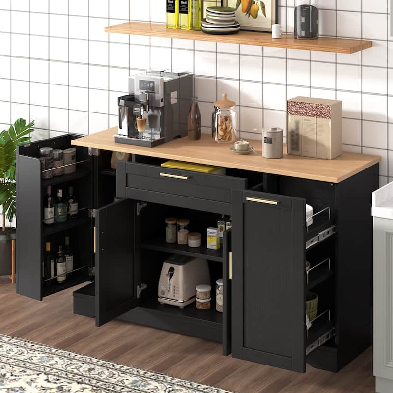 Multi-Functional Kitchen Sideboard with Extendable Dining Table, Storage Cabinet with 3-Tier Pull-Out Rack