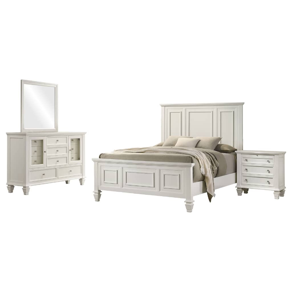 Lila 4 Piece Queen Bed Set, White Wood Panel Headboard, Vanity Dresser