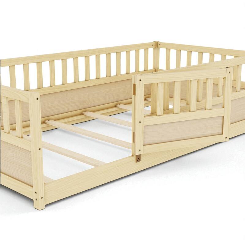 Montessori Twin/Full Size Wooden Floor Bed with Safety Fence and Door, Low Platform Bed Frame for Kids Toddlers