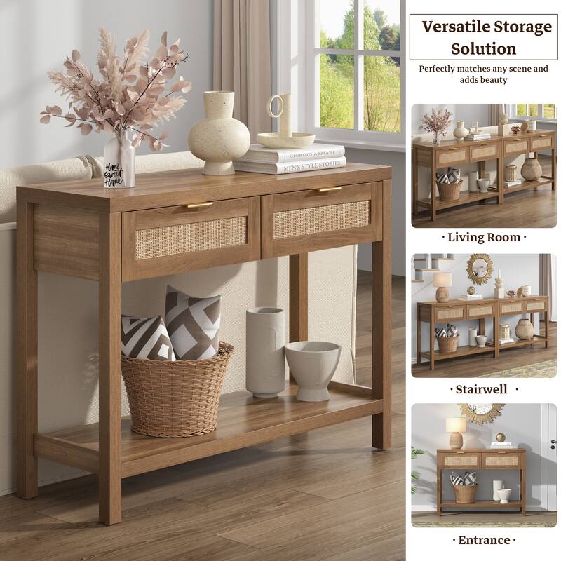 SICOTAS Rattan Console Table with 2 Drawers and Shelves - 30 x 39.4 x 13.8
