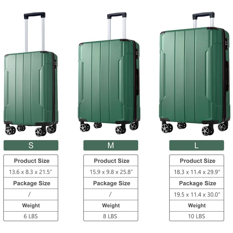 Luggage Sets 3 Piece, Hard shell ABS Lightweight Durable Suitcases with Double Spinner Wheels 20/24/28 Inch - Green