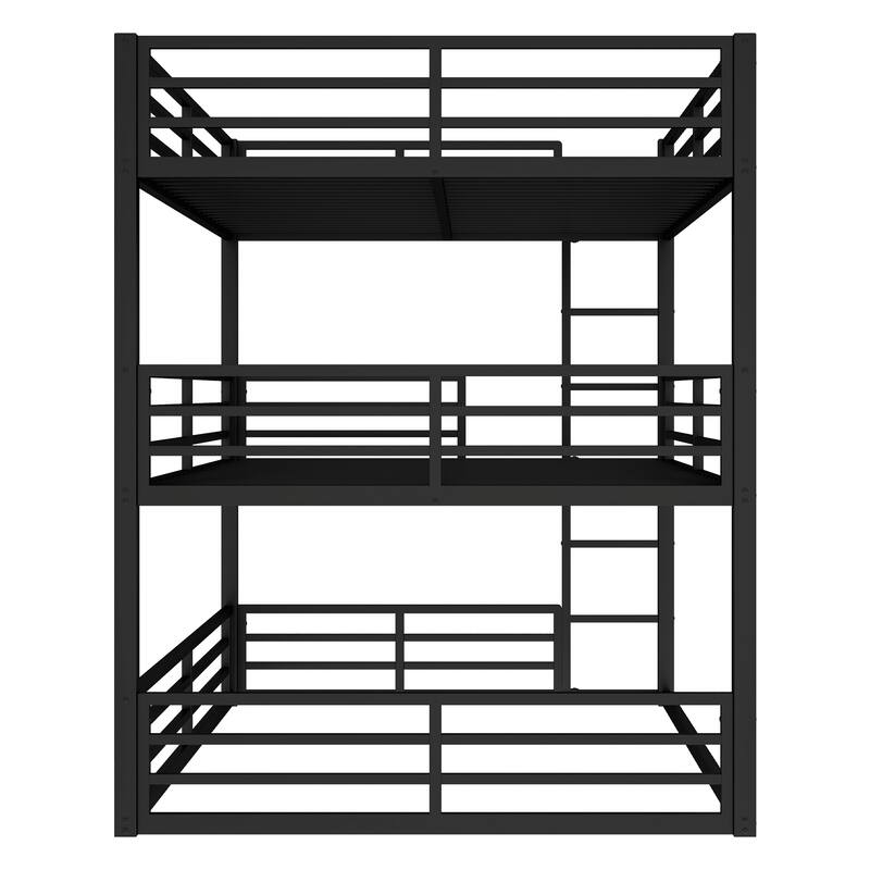 Metal Triple Bunk Bed with Safety Guardrails, Queen over Queen over Queen, Space-Saving Design, Noise-Reduced, Black