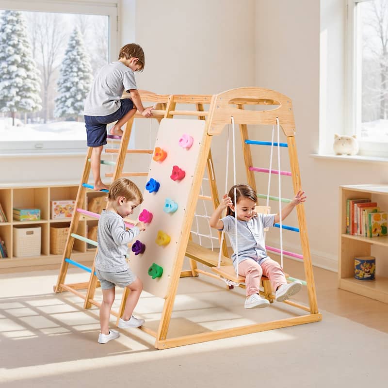 Colorful 7 in 1 Indoor Playground Jungle Gym for Kids with Extended Slide Swing Climbing Net Monkey Bars and 250 lbs Capacity