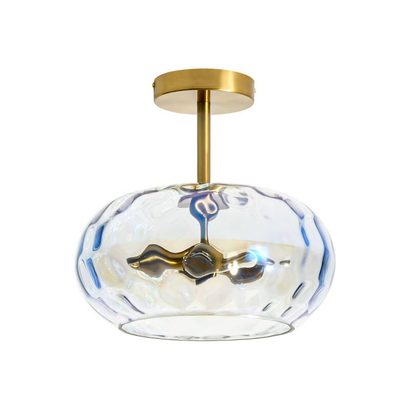11.8" 2-Light Luxury Gold Semi-Flush Mount Ceiling Light with Hammered Glass Shade for Hallway, Bedroom