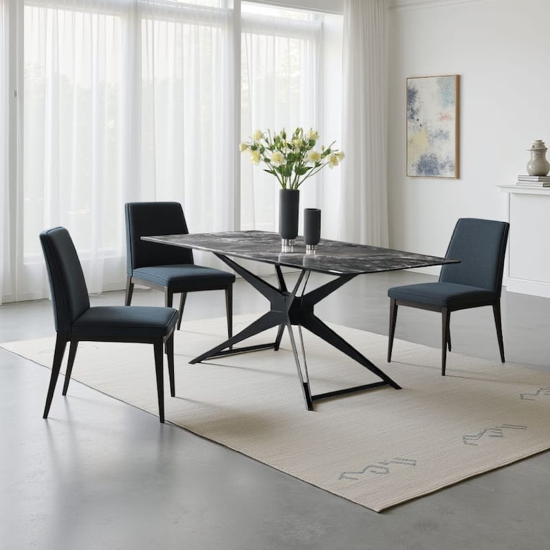 Laus Dining Table, 71 Inch Crystal Glass Top, Black Geometric Base
