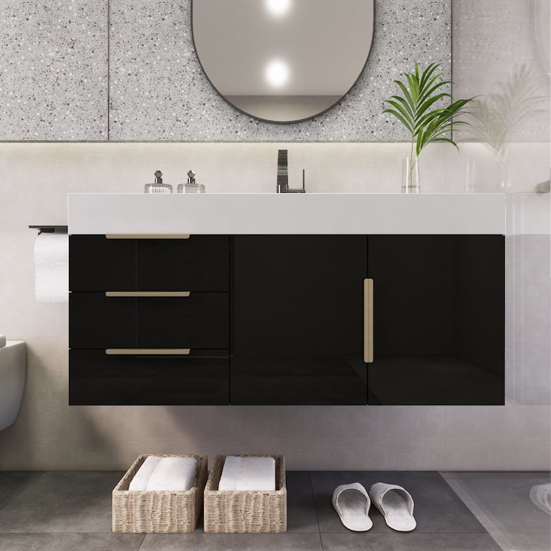 Noble 42" Wall Mounting Vanity (L Drawer) with Reinforced Acrylic Sink - 42" Width - Glossy - High Gloss Black
