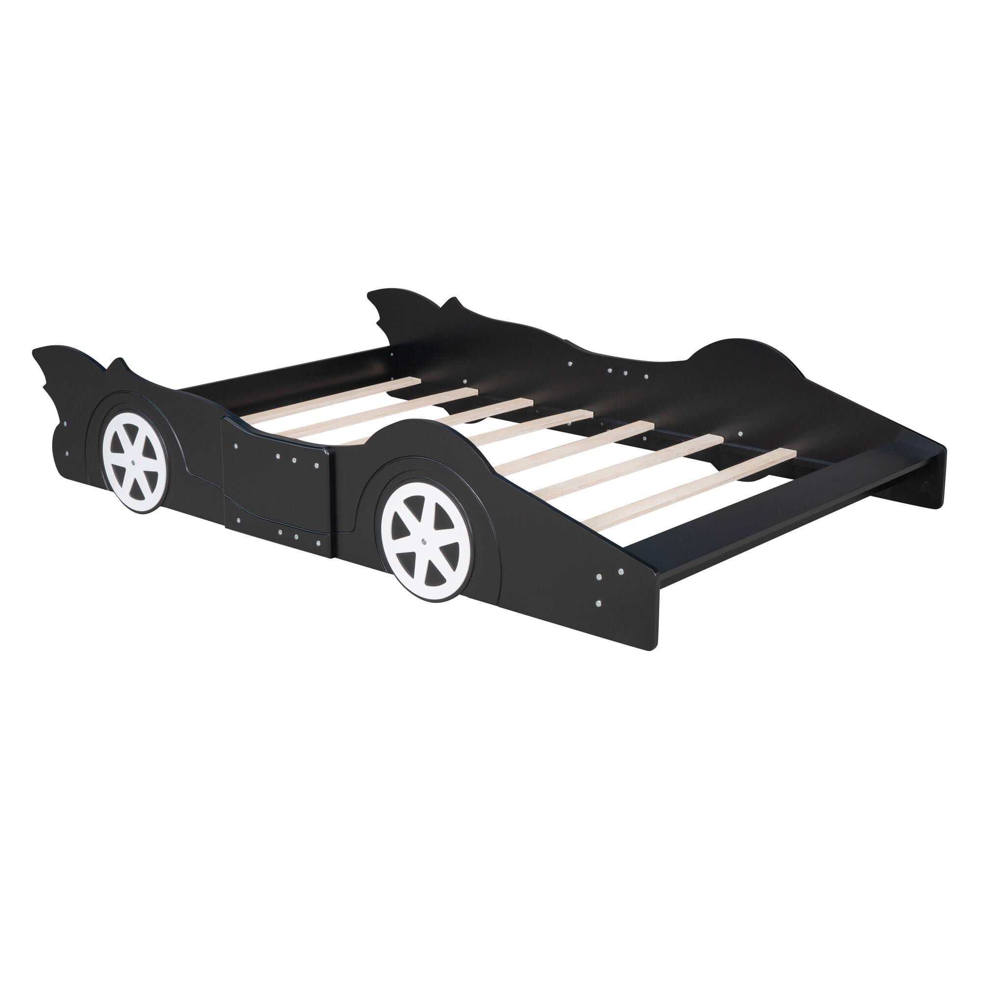 Black Race Car Full Size Platform Bed with Rails, HighQuality Pine Wood and MDF Bed Bath