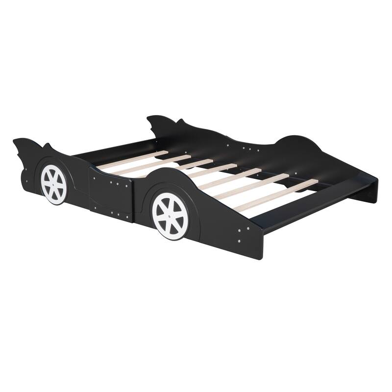 Full Size Race Car-Shaped Platform Bed with Wheels Wooden Platform Bed Frame with Support Slats, Twin Floor Bed