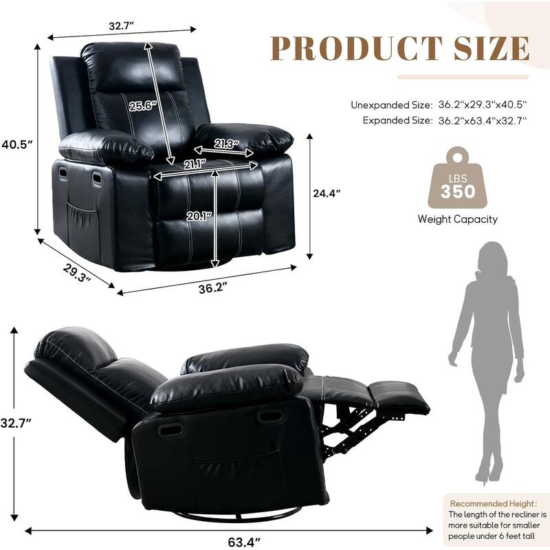 Massage Heating Swivel Manual Recline Chair with Side Pocket