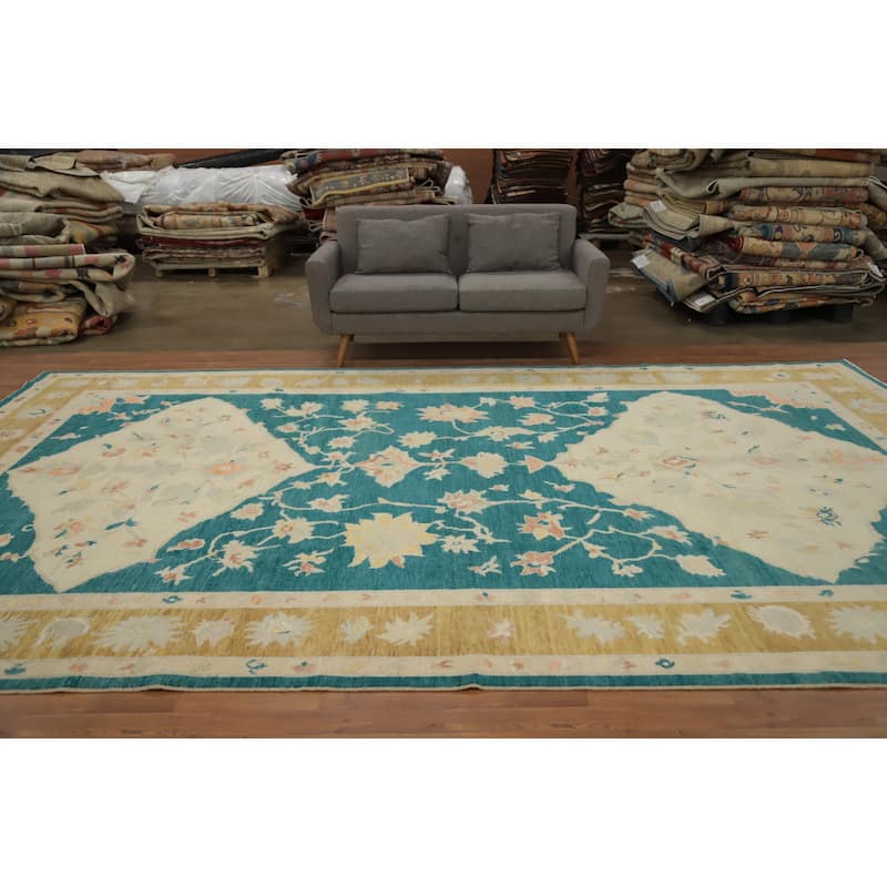 Hand Knotted Oriental 100% Wool Carpet Transitional Floral Green Oushak Area Rug - 14' 10'' X 9' 4''