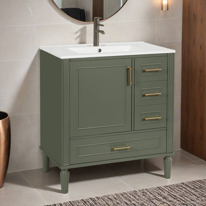 Bathroom Vanity with Ceramic Sink, Soft-Close Door with Built-in Shelf, Deep Drawer, Standard Drawer, Long Divider Drawer