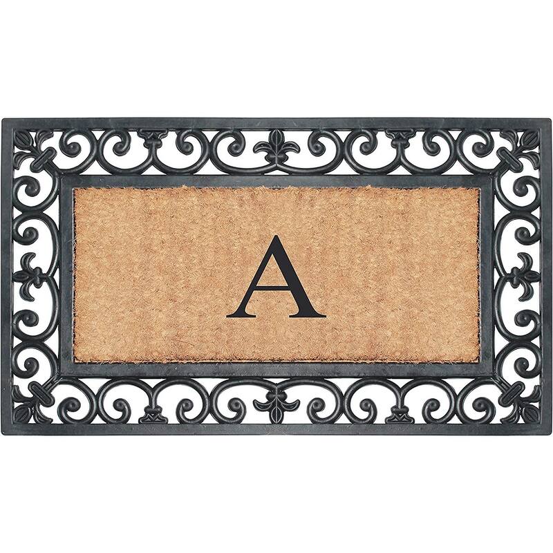 A1HC Rubber and Coir Paisley Border Monogrammed Outdoor Doormat Black, 18"X30" - A