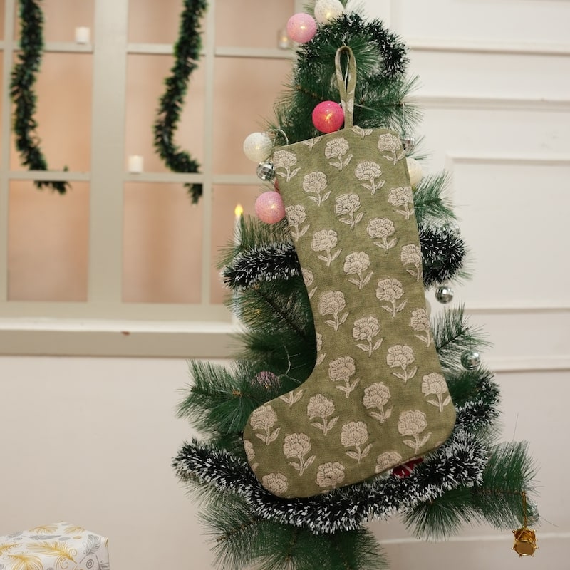 Fabdivine Hand Block Floral Print Christmas Knit Stockings, Home Decorative Gift Use - 16"X6.5"