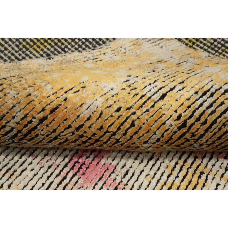 Hand Knotted Oriental Viscose Silk Carpet Modern Abstract Multi-Colored Abstract Runner Rug - 8' 5'' X 2' 10''