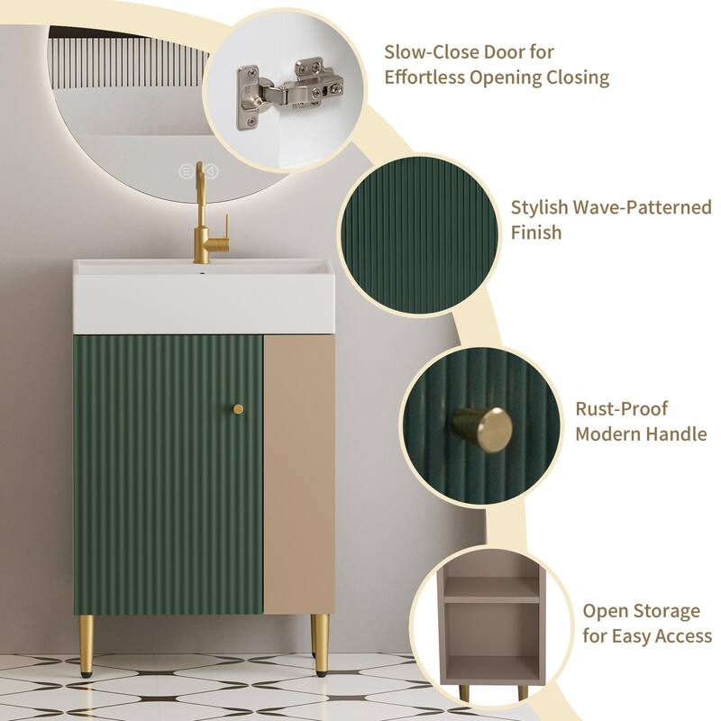 21.6" Open-Shelving Bathroom Vanity with Ceramic Sink and Cabinet