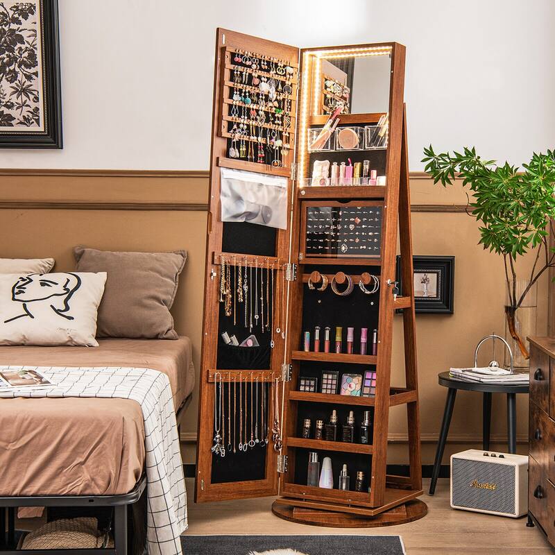 Gymax Rotating Mirrored Jewelry Cabinet with Mirror Storage Shelves