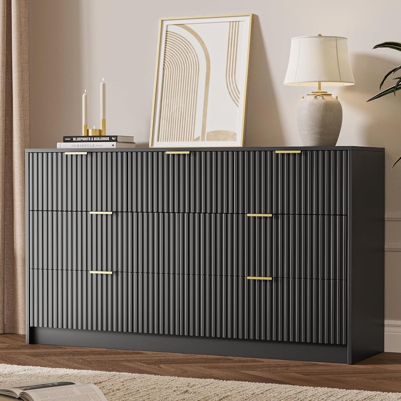 7 Drawer Dresser Fluted Wood Clothes Storage Cabinet, Modern Wide Dresser for Bedroom