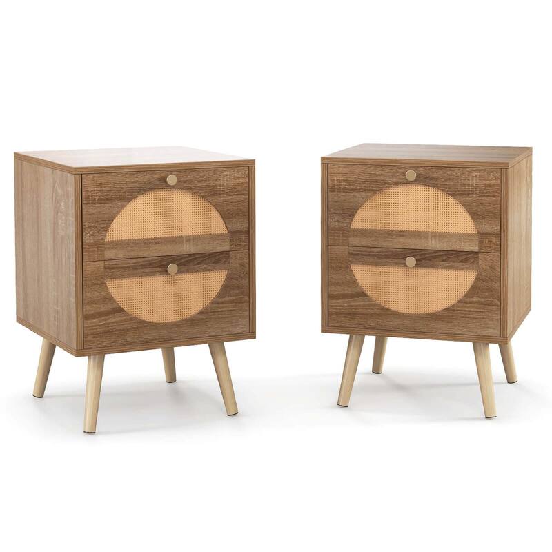 2PCS Rattan Nightstand Boho Bedside Tables Accent End Tables - Natural