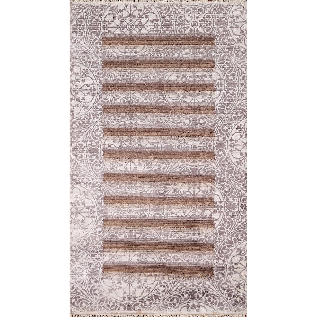 Striped Abstract Foyer Rug Hand-Knotted Wool Carpet - 2'8" x 4'9"