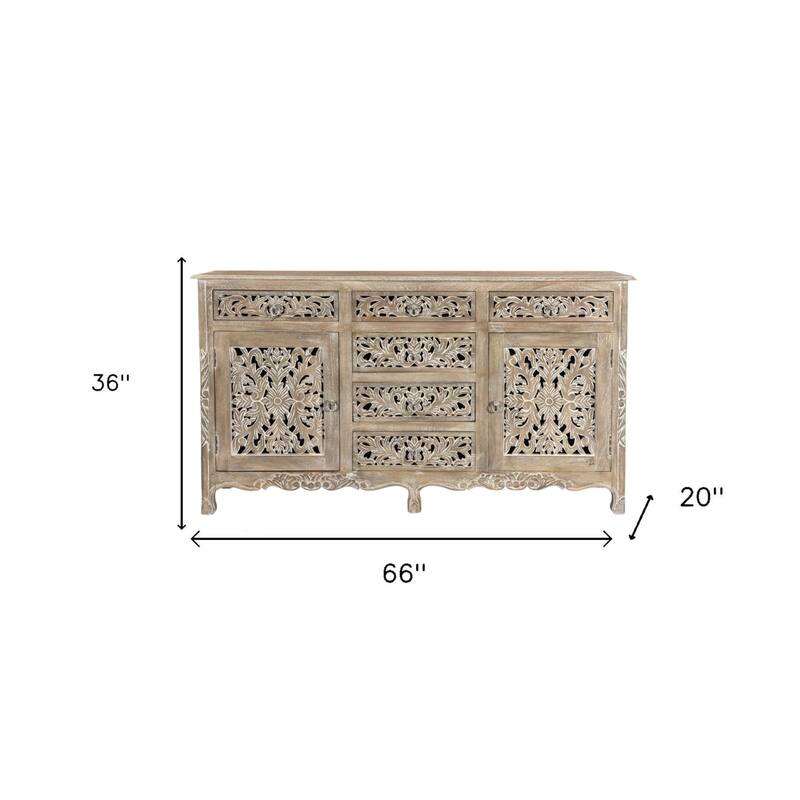 HomeRoots 66" Gray Distressed Solid Wood Carved Floral Six Drawer Sideboard with Two Doors - 66.00 in. x 36.00 in. x 20.00 in.