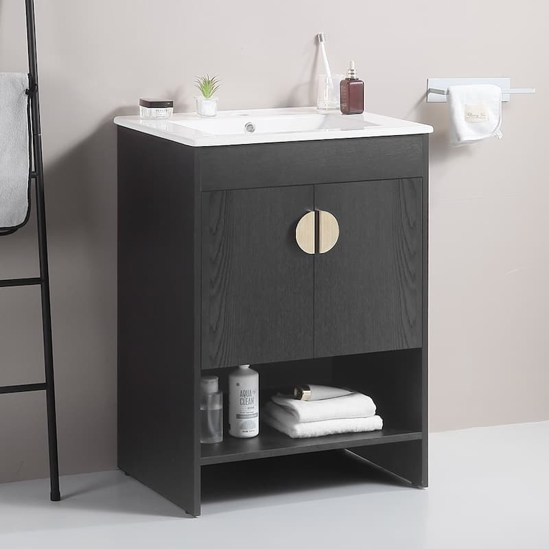 24 in. W x 19 in. D x 33 in. H Bathroom Vanity with White Ceramic Basin,Two Cabinet Doors,Excluding faucets - Black