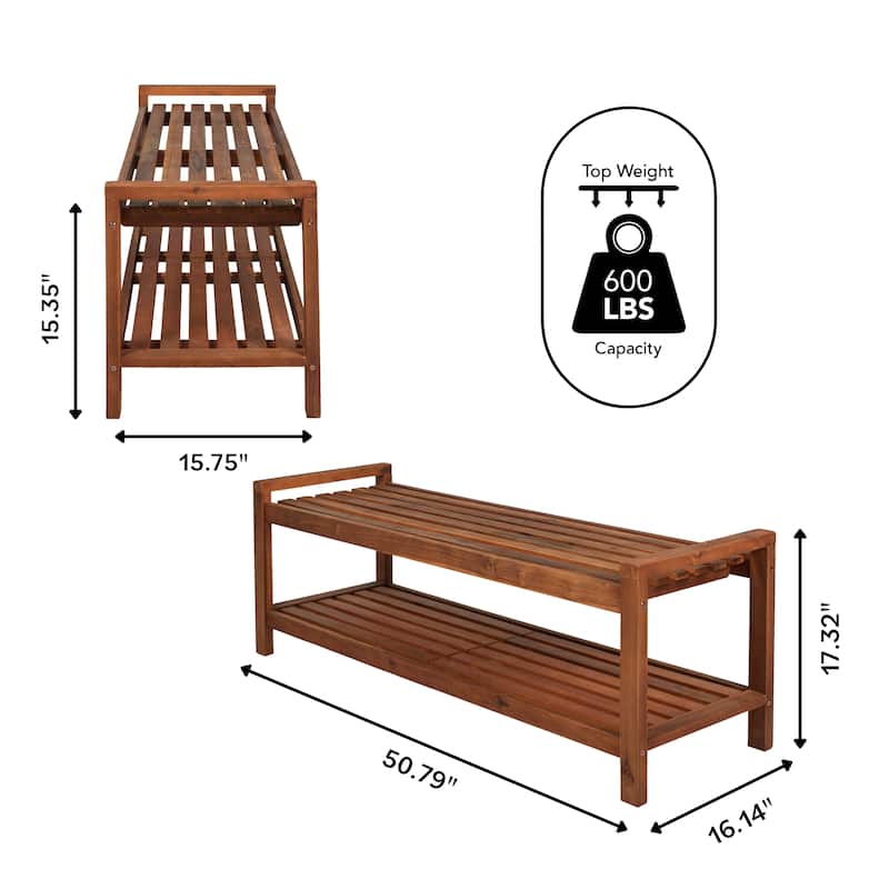 Lutyens 50.8" 3-Seat Mid-Century Modern 600-Lbs Support Acacia Wood Slat Outdoor Garden Patio Bench, Teak, by JONATHAN Y