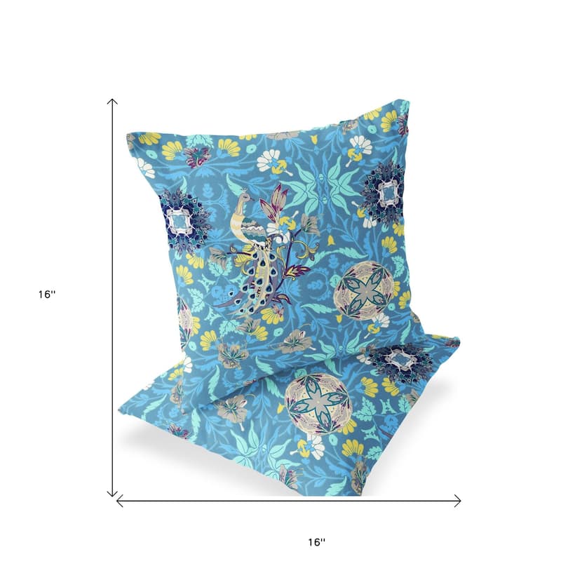 HomeRoots Set of Two 16" X 16" Blue and Green Peacock Blown Seam Eclectic Indoor Outdoor Throw Pillow - 16.00' X '16.00' X '5.00