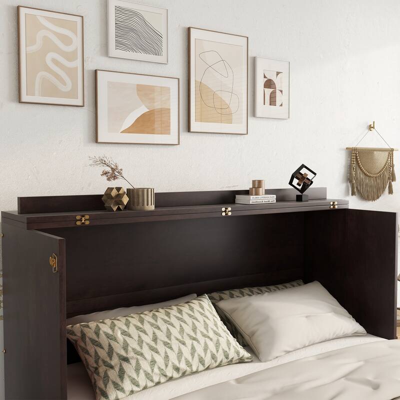 Queen Size Murphy Bed Foldable to Space Saving Rattan Cube Cabinet Convertible Platform Bed Frame with Power Station and Drawer