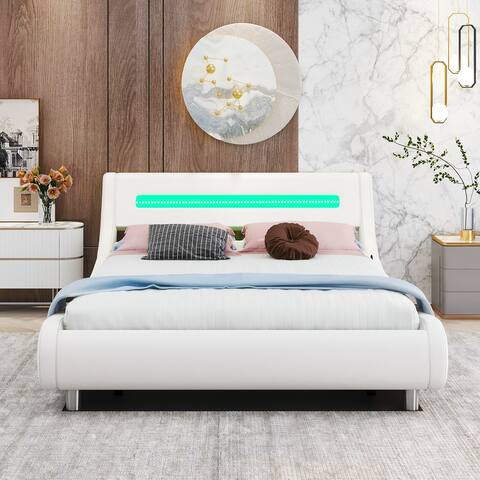 Full Low Profile Upholstered Platform Bed with LED Headboard, White