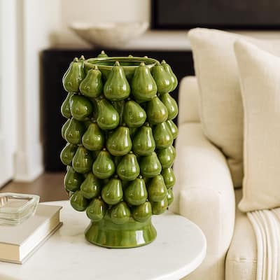 Salina Accent Vase with Pear Shaped Drop Accents, Glossy Green Ceramic