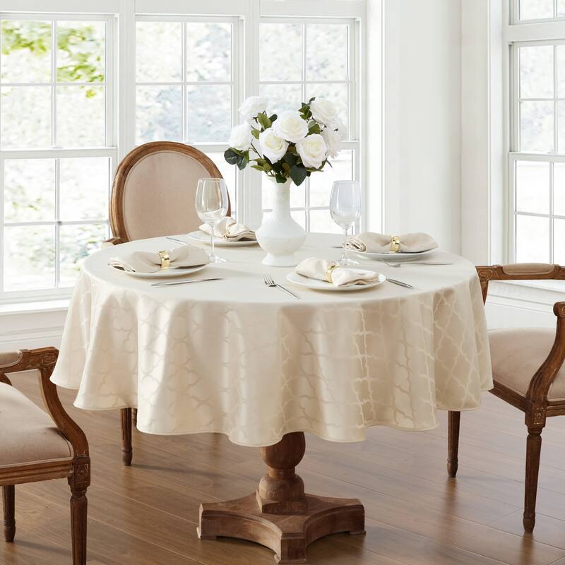 HLC.me Modena Lattice Fabric Tablecloth, Jacquard Fabric Table Cloth for Round Rectangle Table Advanced Water & Fade Resistance - 90 " Round - Beige