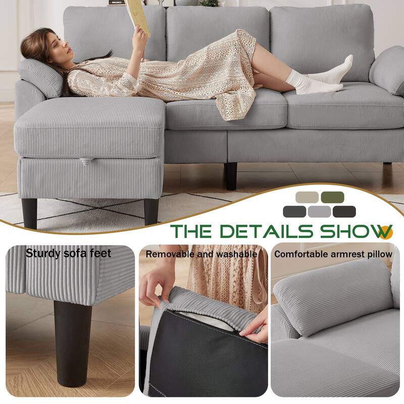 3 Pieces Corduroy Living Room Set with Sectional Sofa, Ottoman and Chair