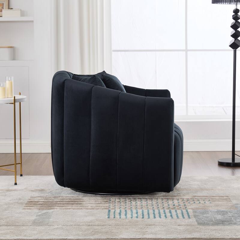 40.35"W Velvet 360° Swivel Barrel Accent Chair with 3 Pillows, Channel Tufted Pumpkin-Shaped Club Armchair for Office, Lounge