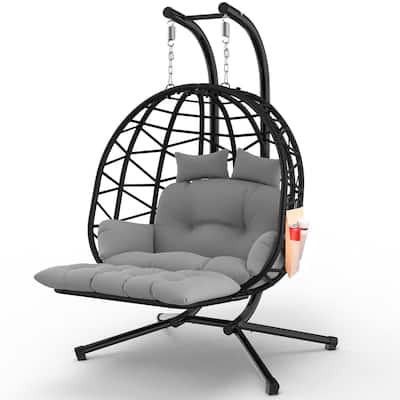 Double Egg Chair with Stand & Leg Rest, 2 Person Rattan Wicker Swing Chair with UV Resistant Cushion and Pillow