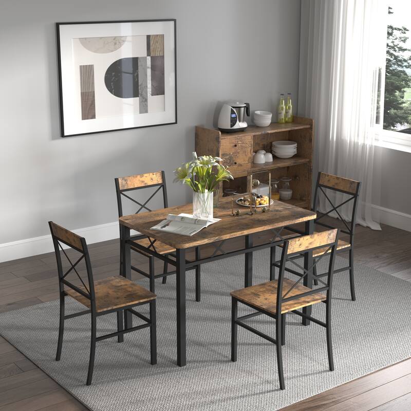Dining Table Set for 4, Wood Kitchen Table with Chairs Dinning Table Set for Kitchen & Dining Room - Black+Brown