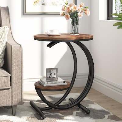 16.68" Industrial Round Side Table, 2-Tier End Table with Storage Shelf, Rustic Brown Accent Table for Living Room, Bedroom