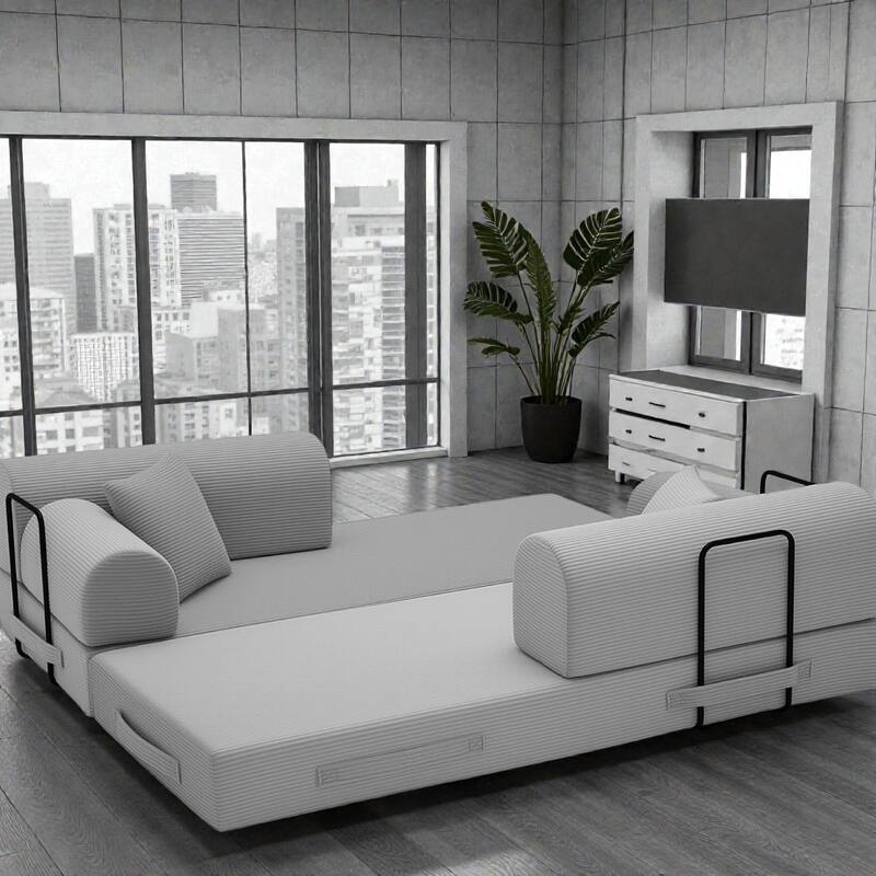 Convertible Sleeper Sofa Bed, 4-in-1 Corduroy Folding Floor Couch with Cylindrical Pillow, 2-Seat Space-Saving Lounge Sofa