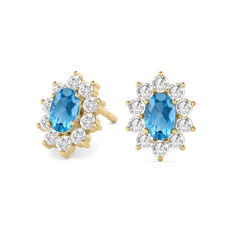 Marquee Oval Shape Blue Topaz and Diamond Flower Earrings in 14K Yellow Gold