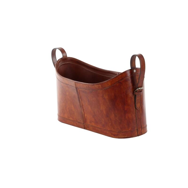 Brown Leather Handmade Box Style Single Slot Magazine Holder with Detail Stitching and Curved Handles
