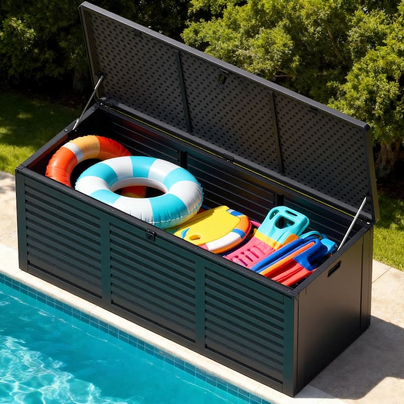 130 Gal. Upgraded Resin Deck Box, Outdoor Storage Box Waterproof with Hydraulic Rod and Side Handle, Lockable