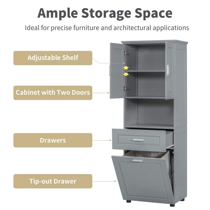 Tall Bathroom Cabinet with Tilt-Out Laundry Basket and Upper Storage Cabinet