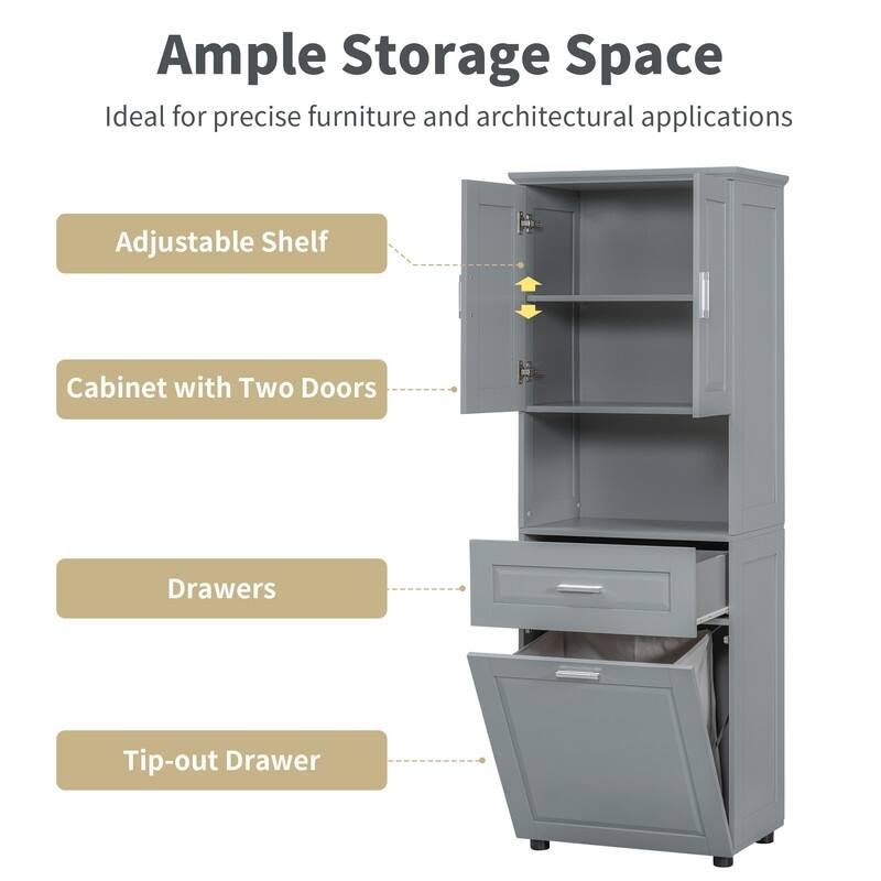 Tall Bathroom Storage Cabinet with Tilt-Out Laundry Basket, Drawer and Adjustable Shelf, Freestanding Floor Cabinet