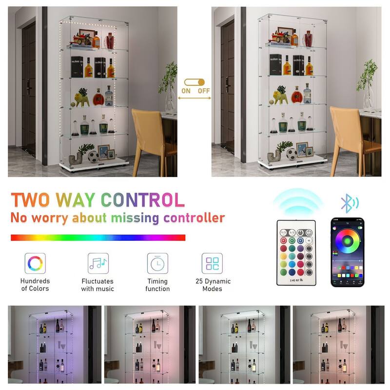 Tempered Glass Display Cabinet,Wine Cabinet,Storage Cabinet with Bluetooth LED Light Strips, Lock on Door, Tempered Glass Top