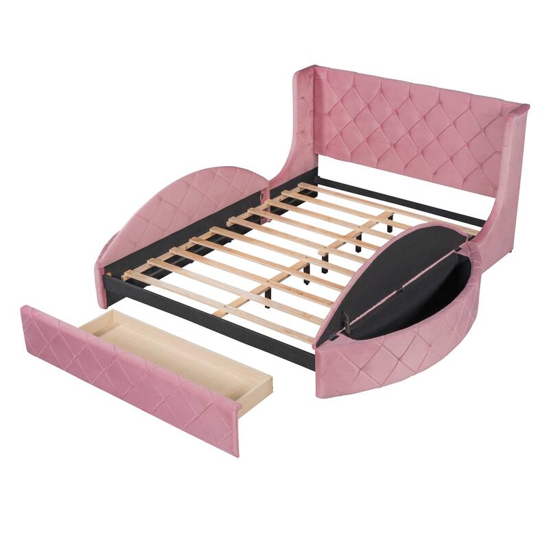 Upholstered Platform Bed Storage Velvet Bed with Wingback Headboard and 1 Big Drawer,2 Side Storage Stool